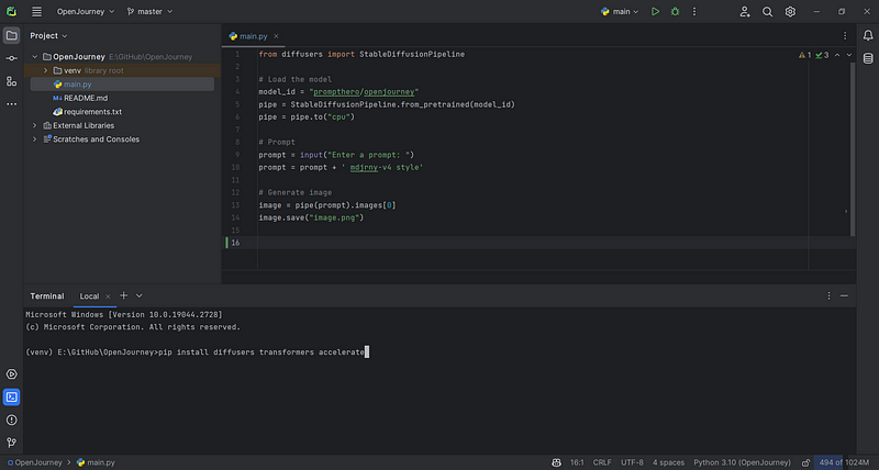 Installing libraries in PyCharm terminal