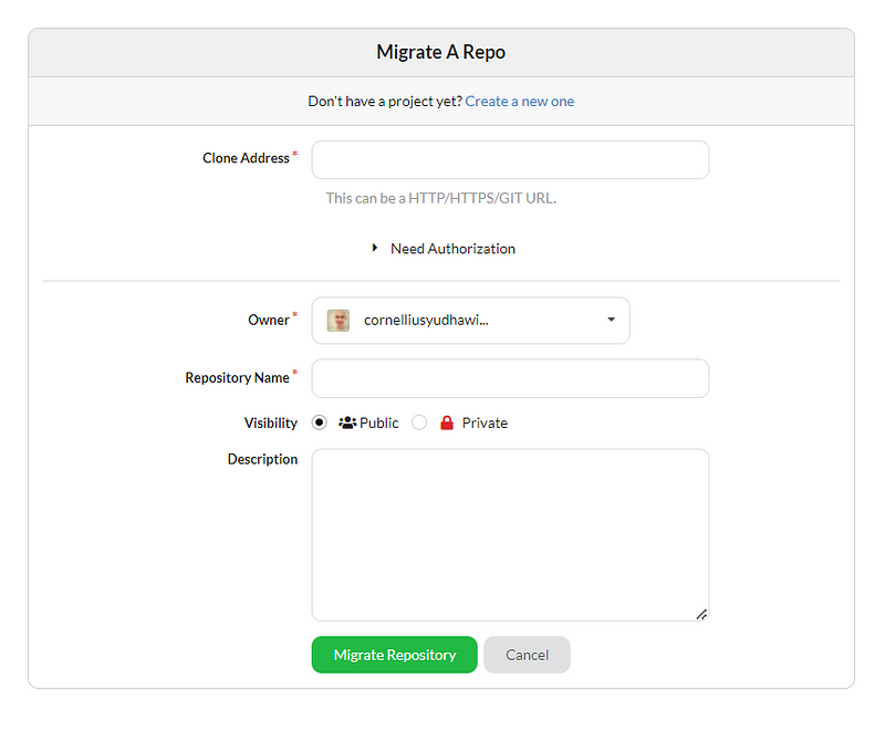 Form for migrating a repository