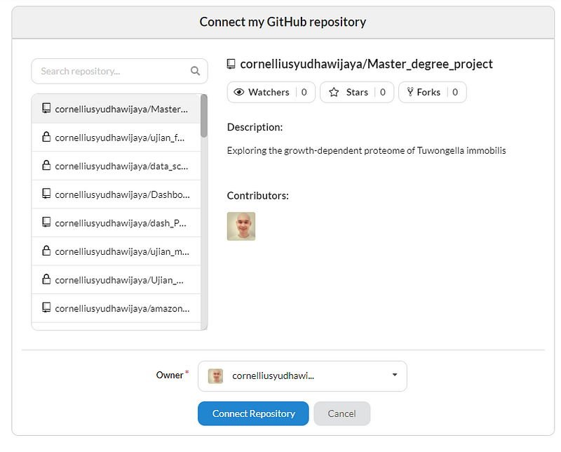 Selecting a GitHub repository to connect