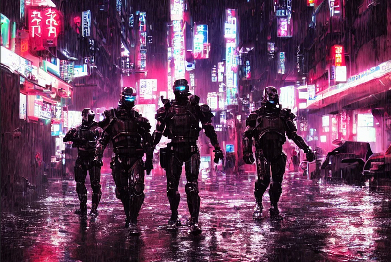 Androids in a futuristic cityscape