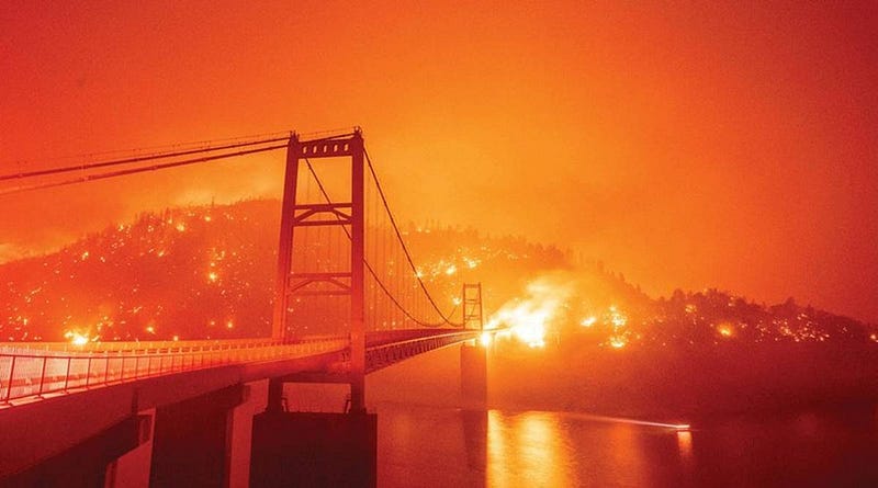 Wildfire spreading across a forested landscape