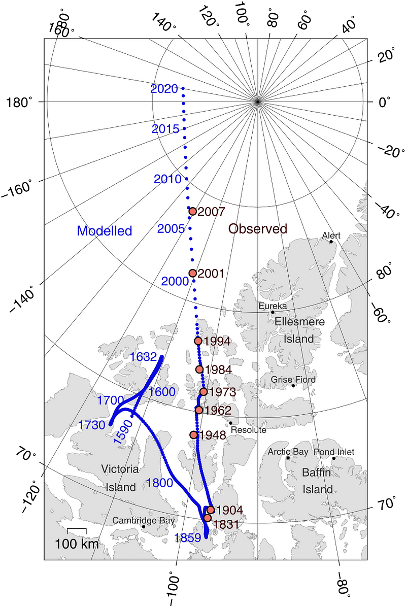 Map showing the movement of Earth's north magnetic pole.