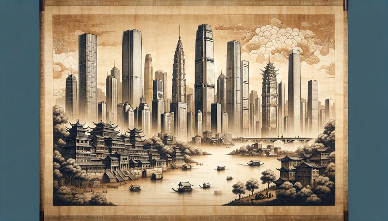 Ancient China with modern skyscrapers