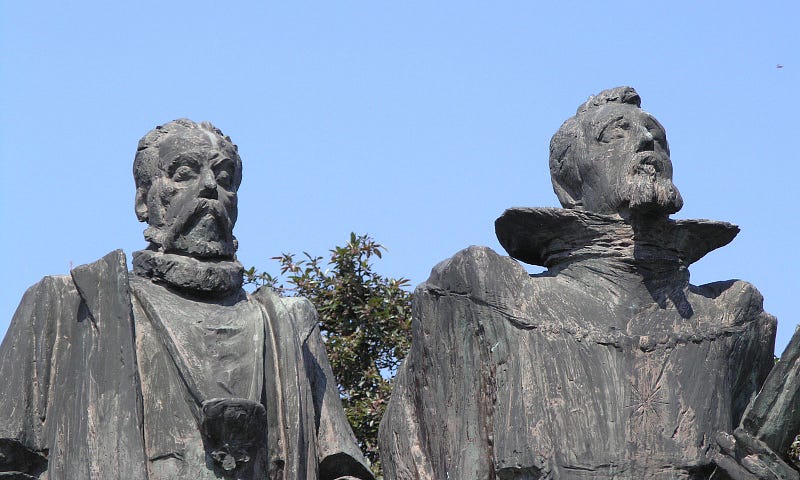 Statues of Tycho Brahe and Johannes Kepler, pioneers of astronomy.