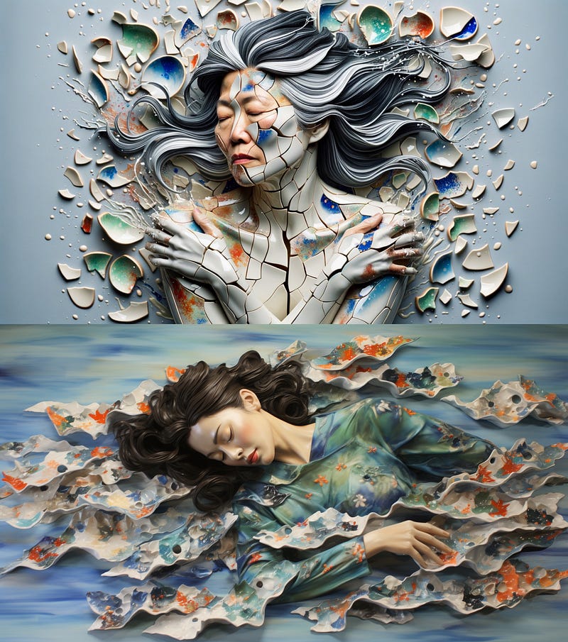 Woman embedded in porcelain visual