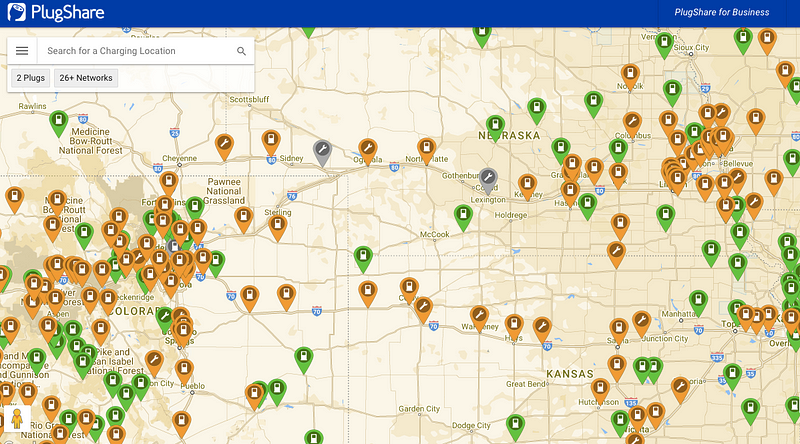 Charger availability map between Denver and Kansas City