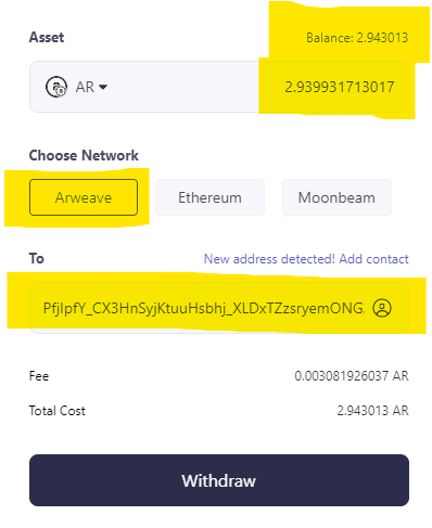 Withdrawal process for AR tokens