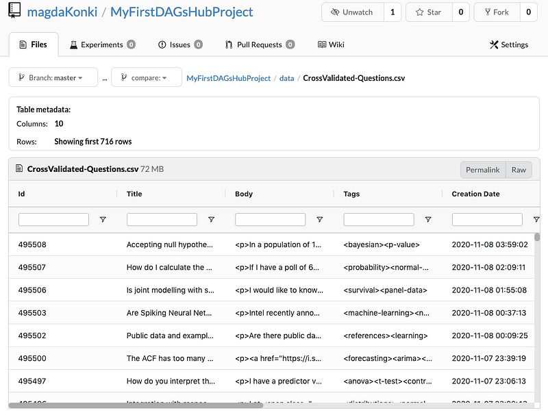 Viewing CSV Data in DAGsHub Storage