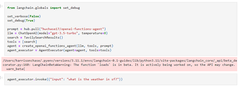 Example of Debug Mode logging in LangChain