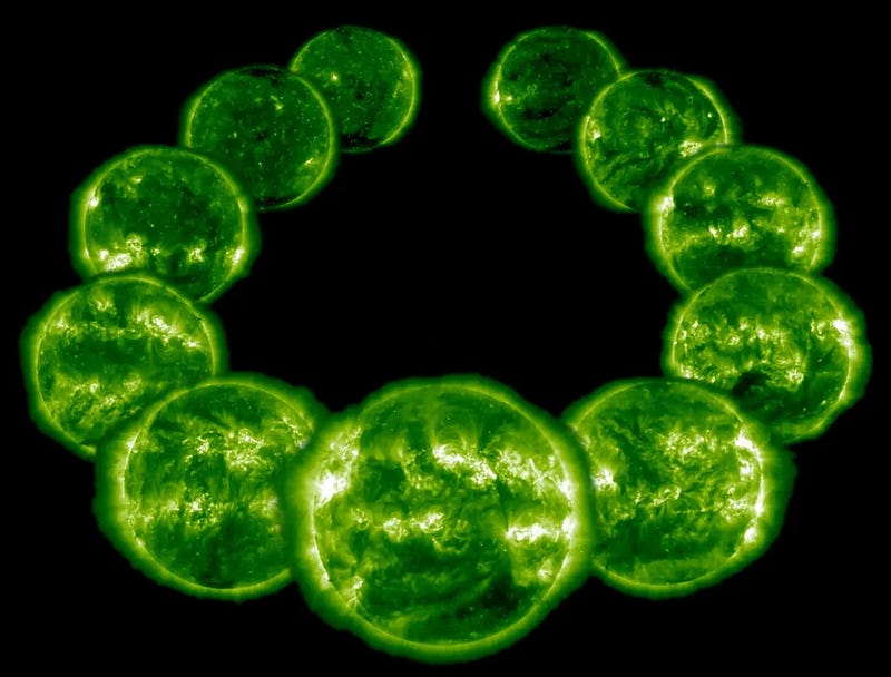 Ultraviolet images of the Sun showcasing solar cycles