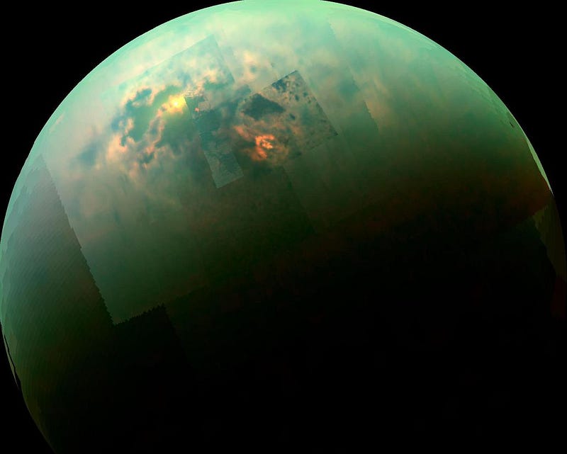 Global map of Titan showcasing its icy terrains.