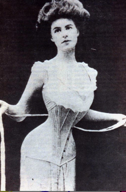 Corsets were used to create an hourglass silhouette.